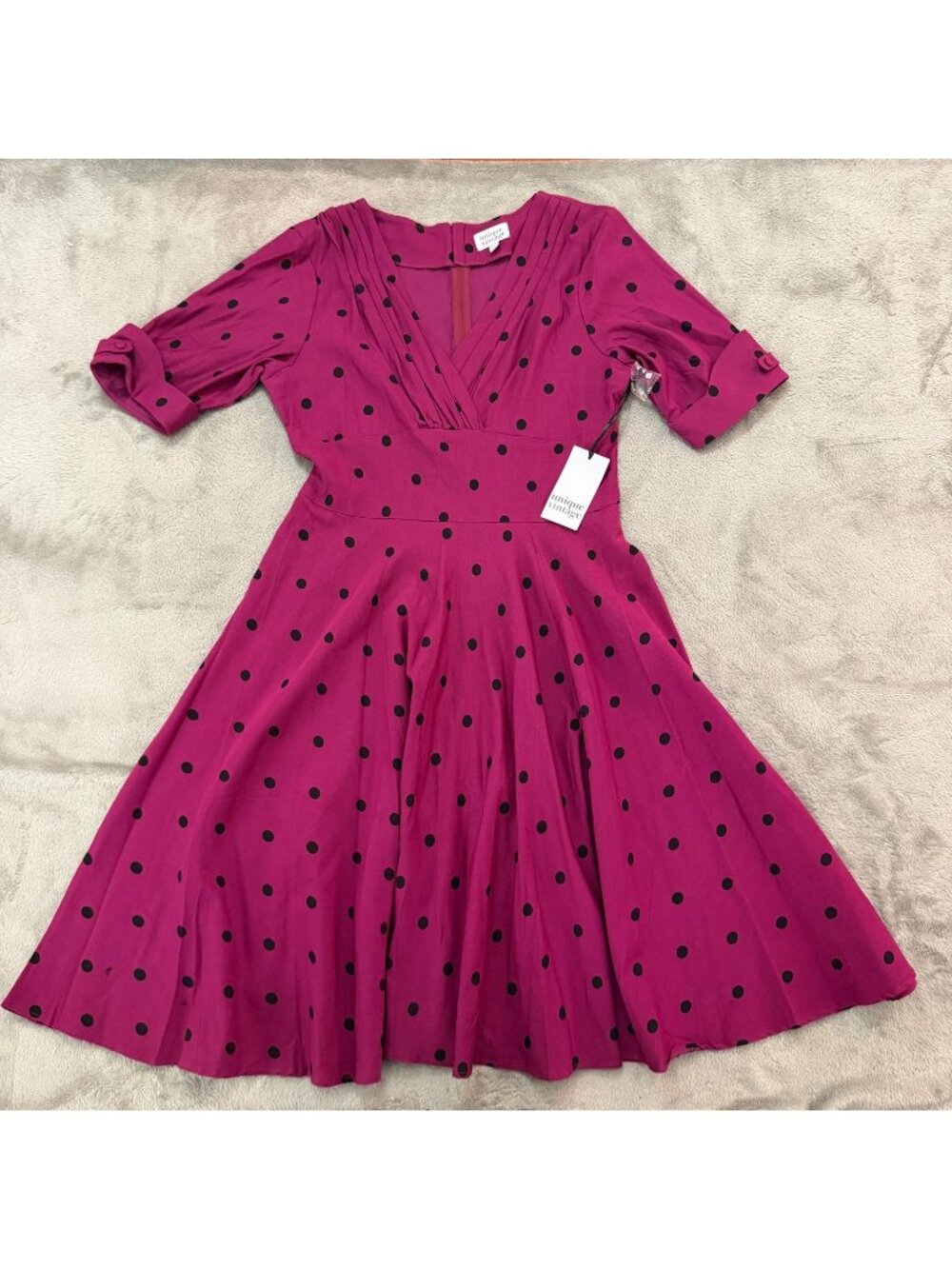 Unique Vintage Retro Fit and Flare Polka Dot Dress Womens 14 XL Purple Black